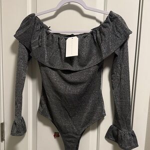 Endless Rose Shimmering Silver Off-Shoulder Bodysuit